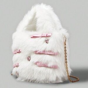 Pink Kawaii Plush Bag 🎀 Bow Accent Fashion Shoulder Square Bag 💖